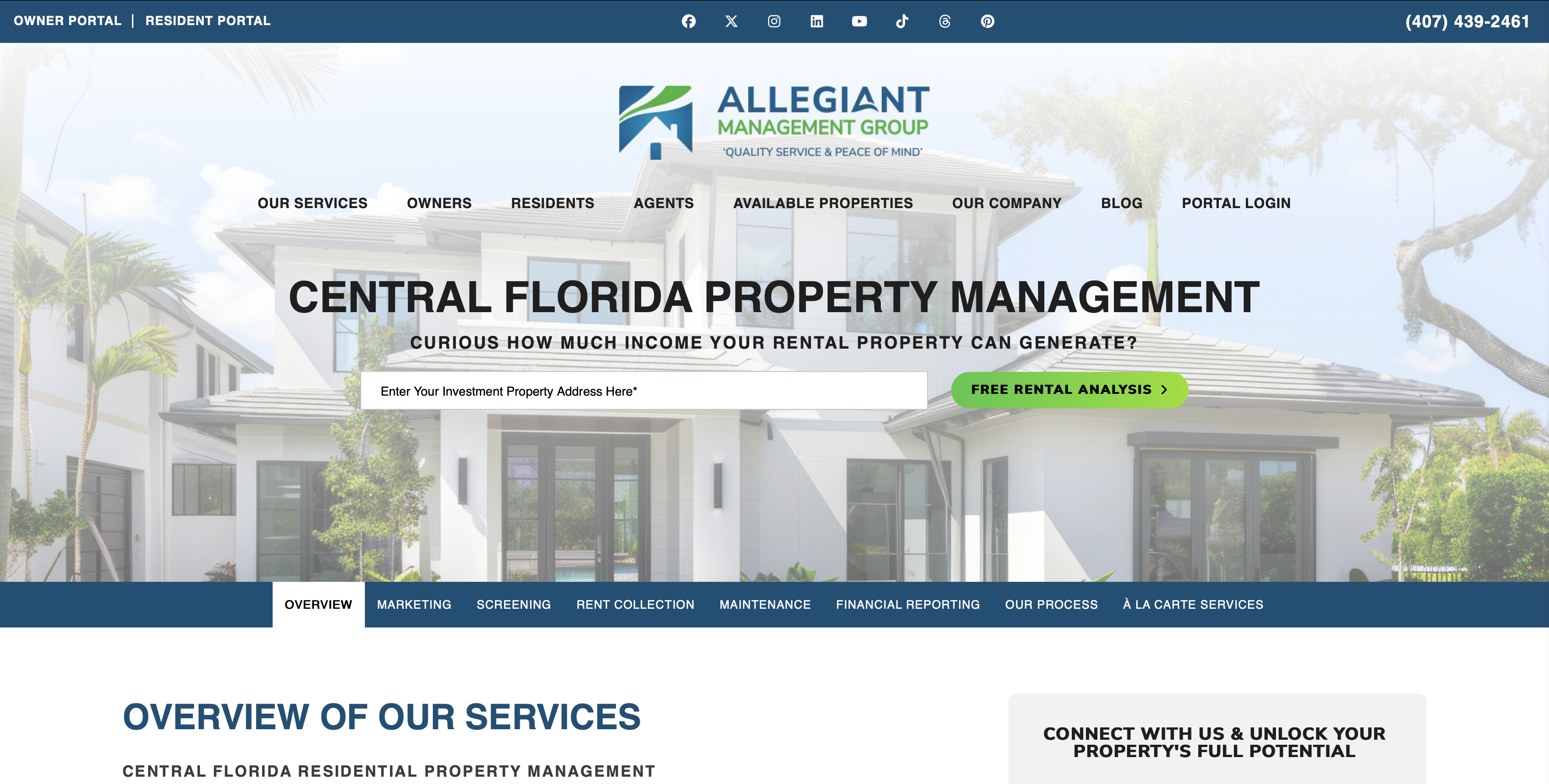 Allegiant Management Group website homepage showcasing Central Florida property management services. The webpage features a large banner promoting a free rental analysis and input field for an investment property address, with navigation options including ‘Our Services,’ ‘Owners,’ ‘Residents,’ ‘Agents,’ ‘Available Properties,’ ‘Our Company,’ and ‘Blog.’ The site emphasizes unlocking the full potential of rental properties.