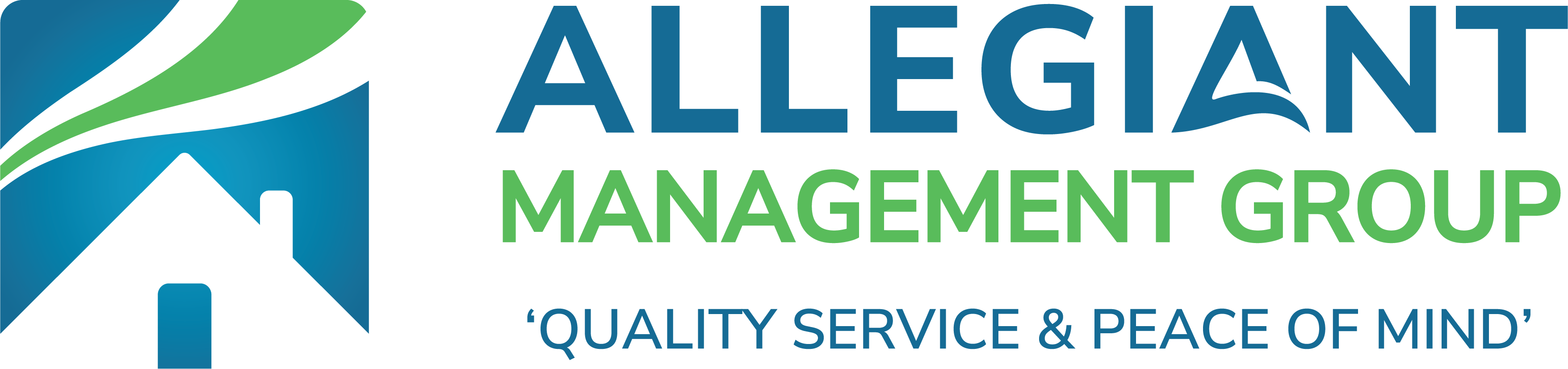 Allegiant Management Group logo with a house icon and tagline ‘Quality Service & Peace of Mind’ in blue and green.