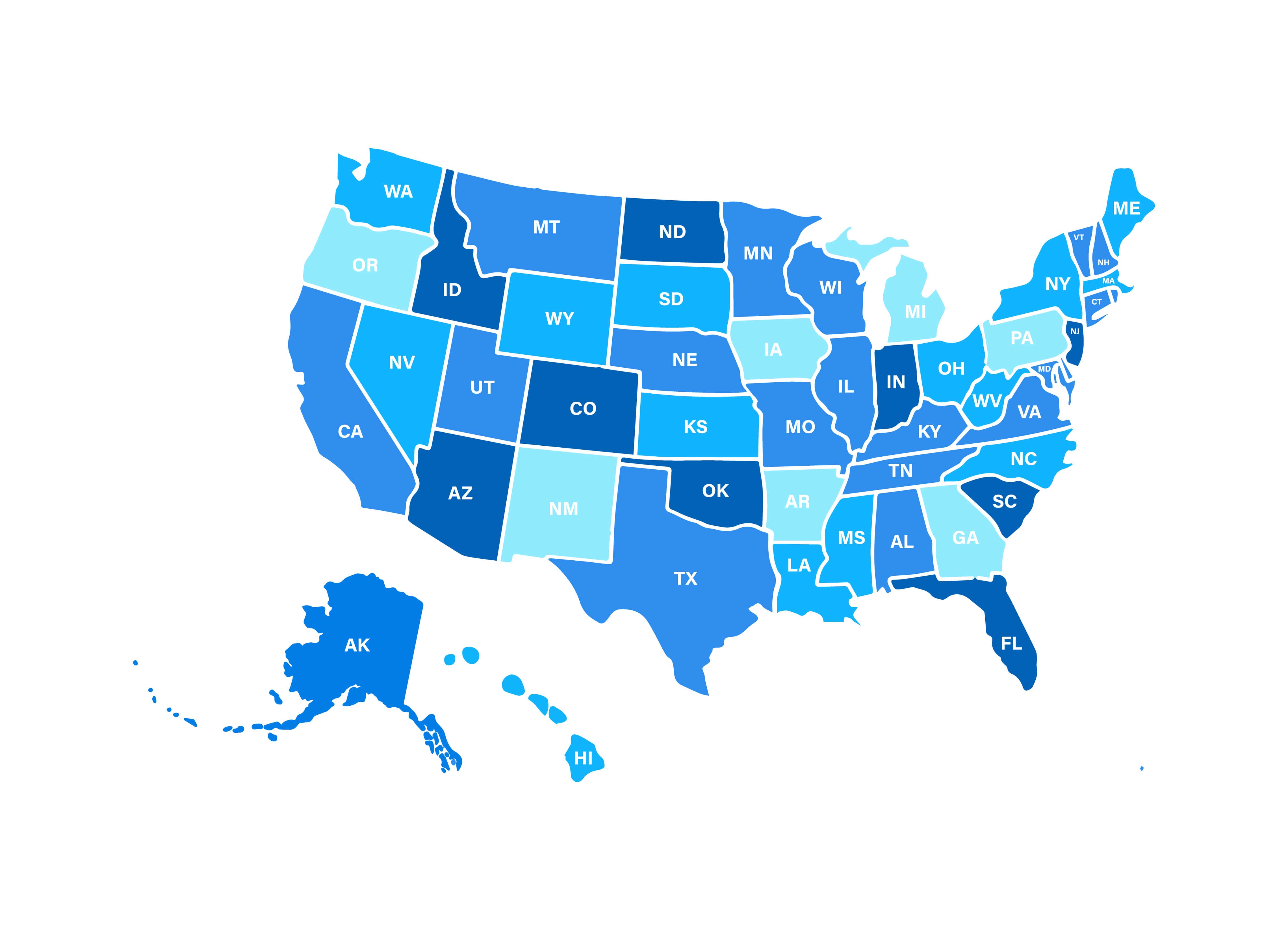 Color-coded map of the United States with all 50 states, including Alaska and Hawaii, highlighted in varying shades of blue.