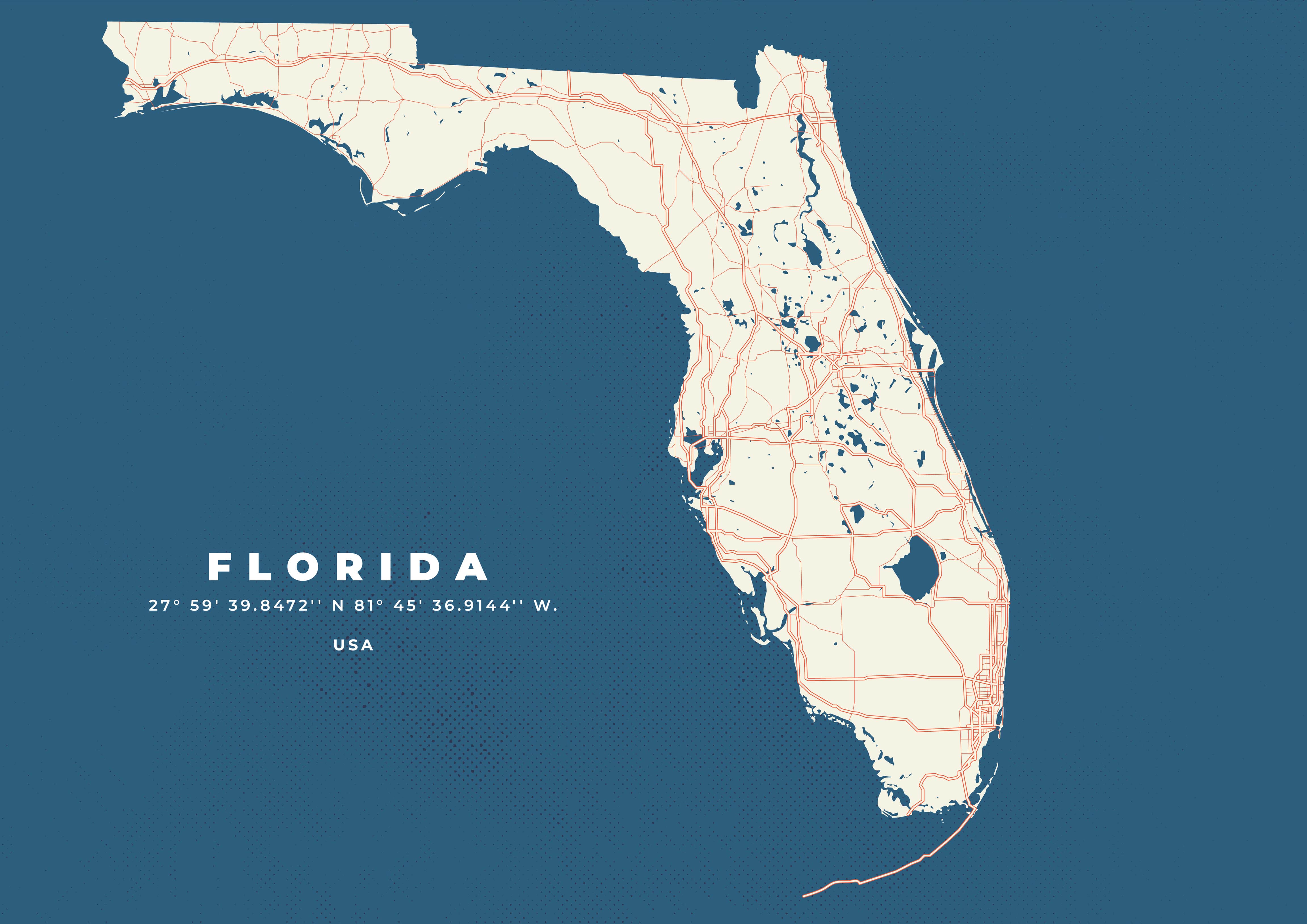 Vintage-style map of Florida, highlighting major cities and roads.