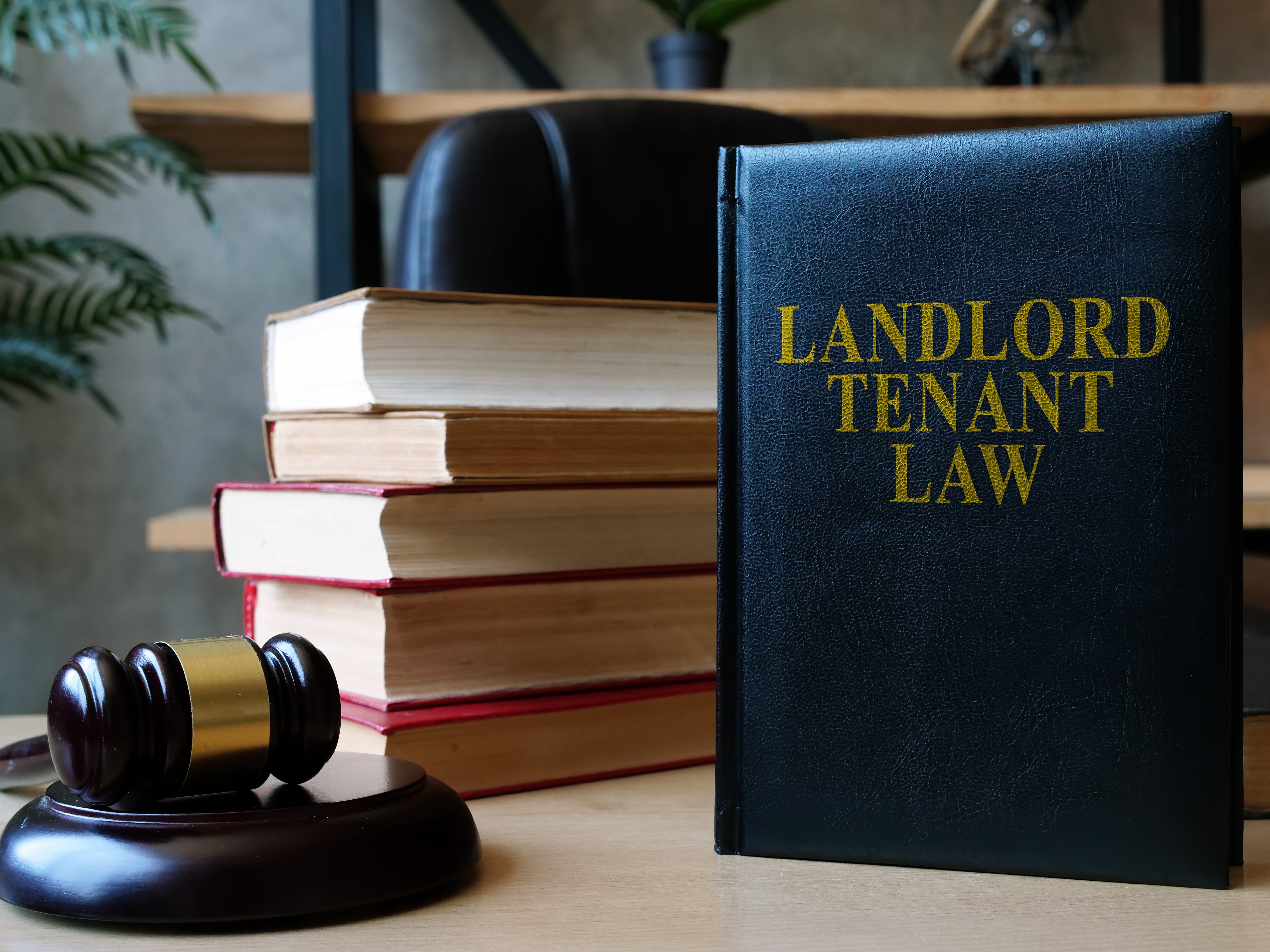 A black book titled 'Landlord Tenant Law' with legal books and a gavel, representing Florida rental laws and regulations.