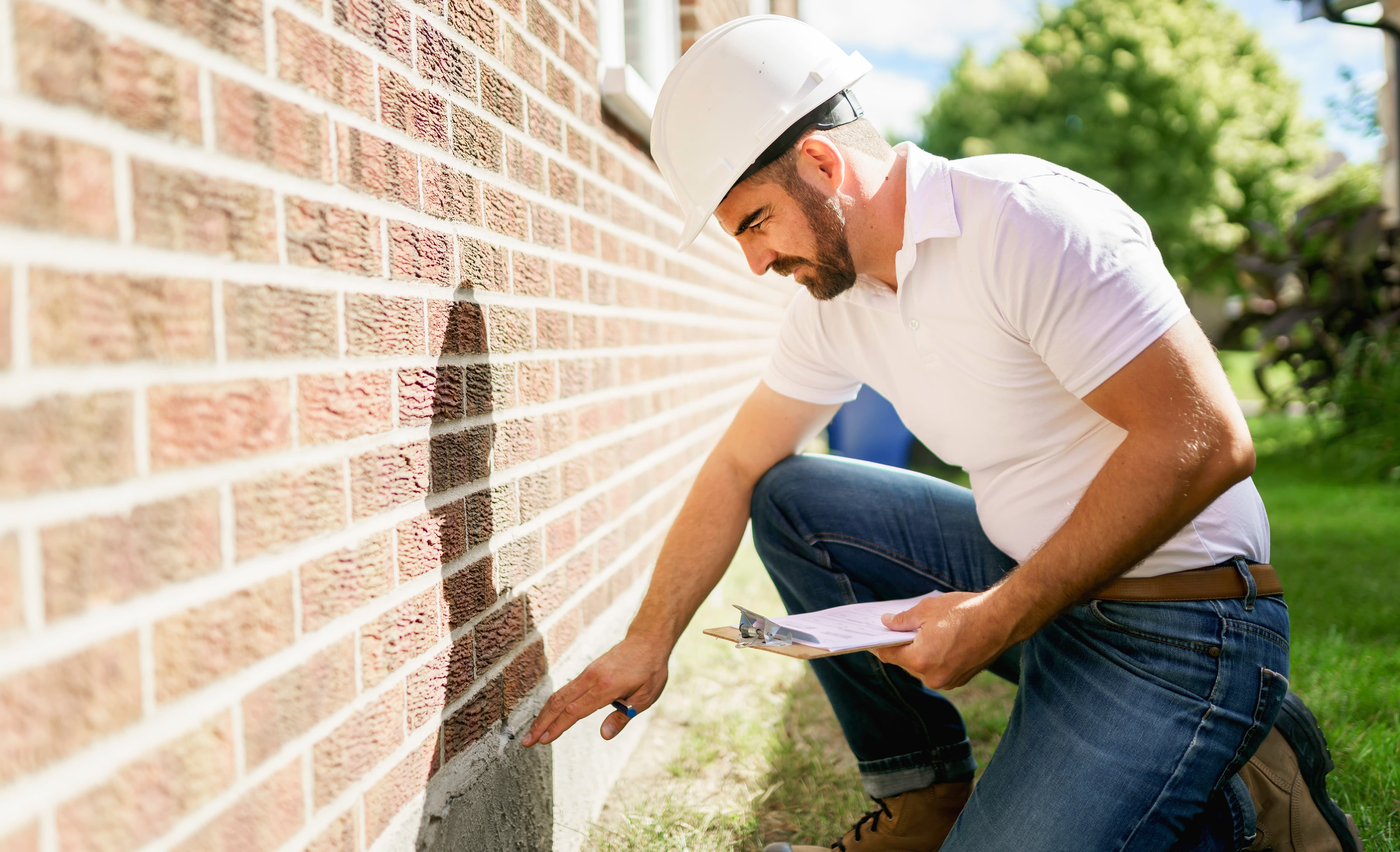 A home inspector wearing a white hard hat and polo shirt examines the exterior brick foundation of a house while taking notes on a clipboard.