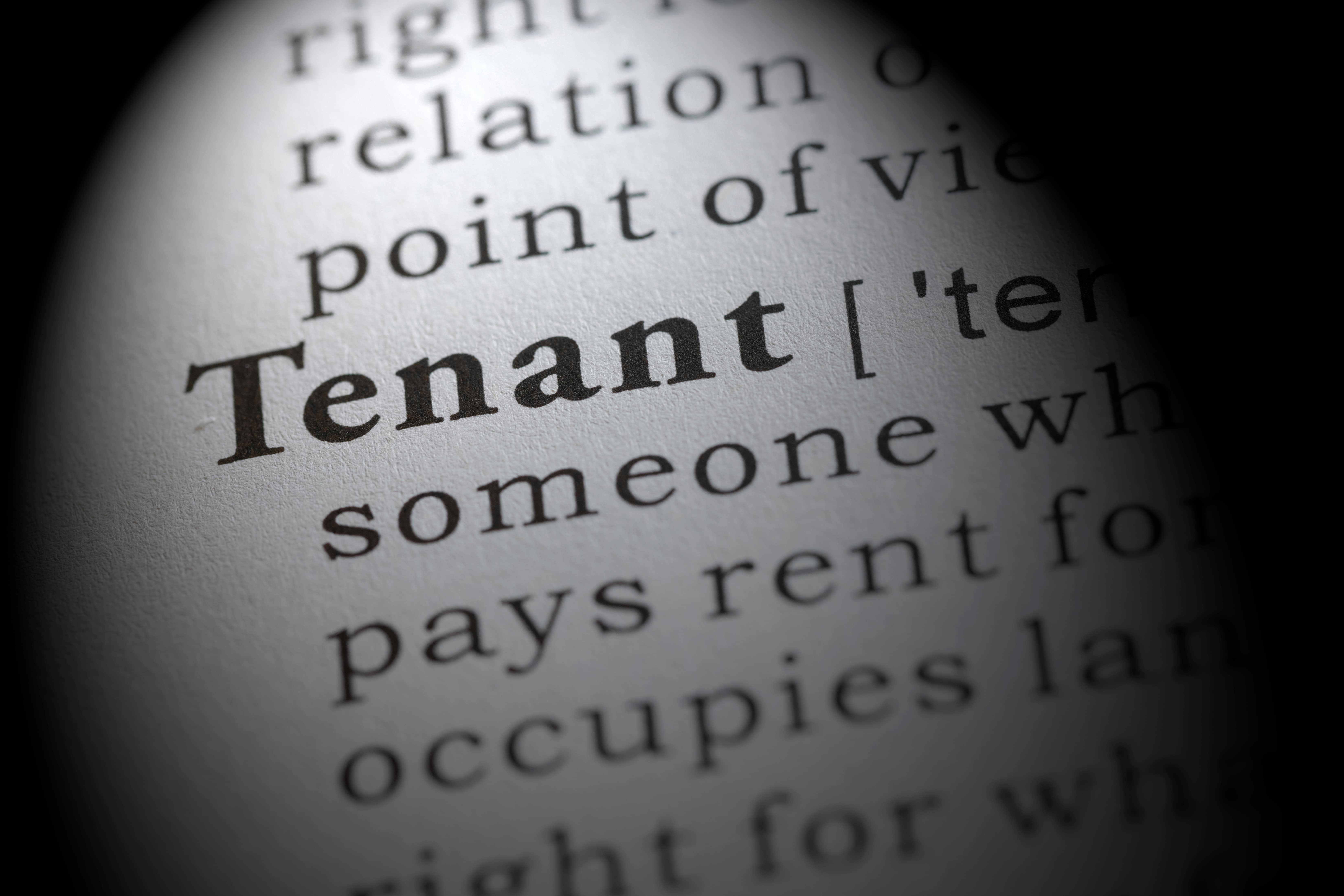 The word “Tenant” highlighted in a dictionary-style close-up. The definition focuses on a person who pays rent and occupies a property, emphasizing the legal and formal context of tenancy.