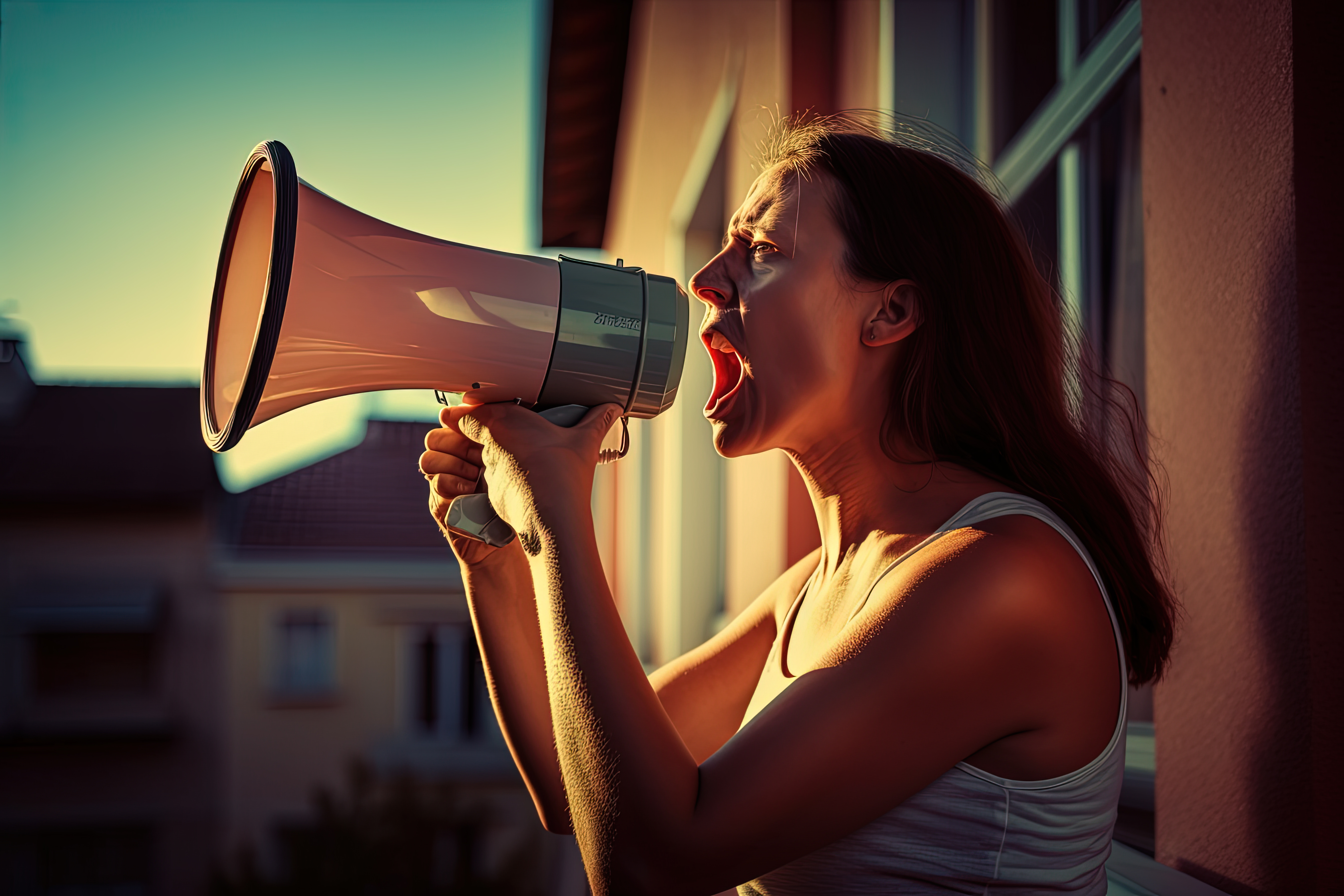 Woman shouting into a megaphone outdoors as the sun sets.