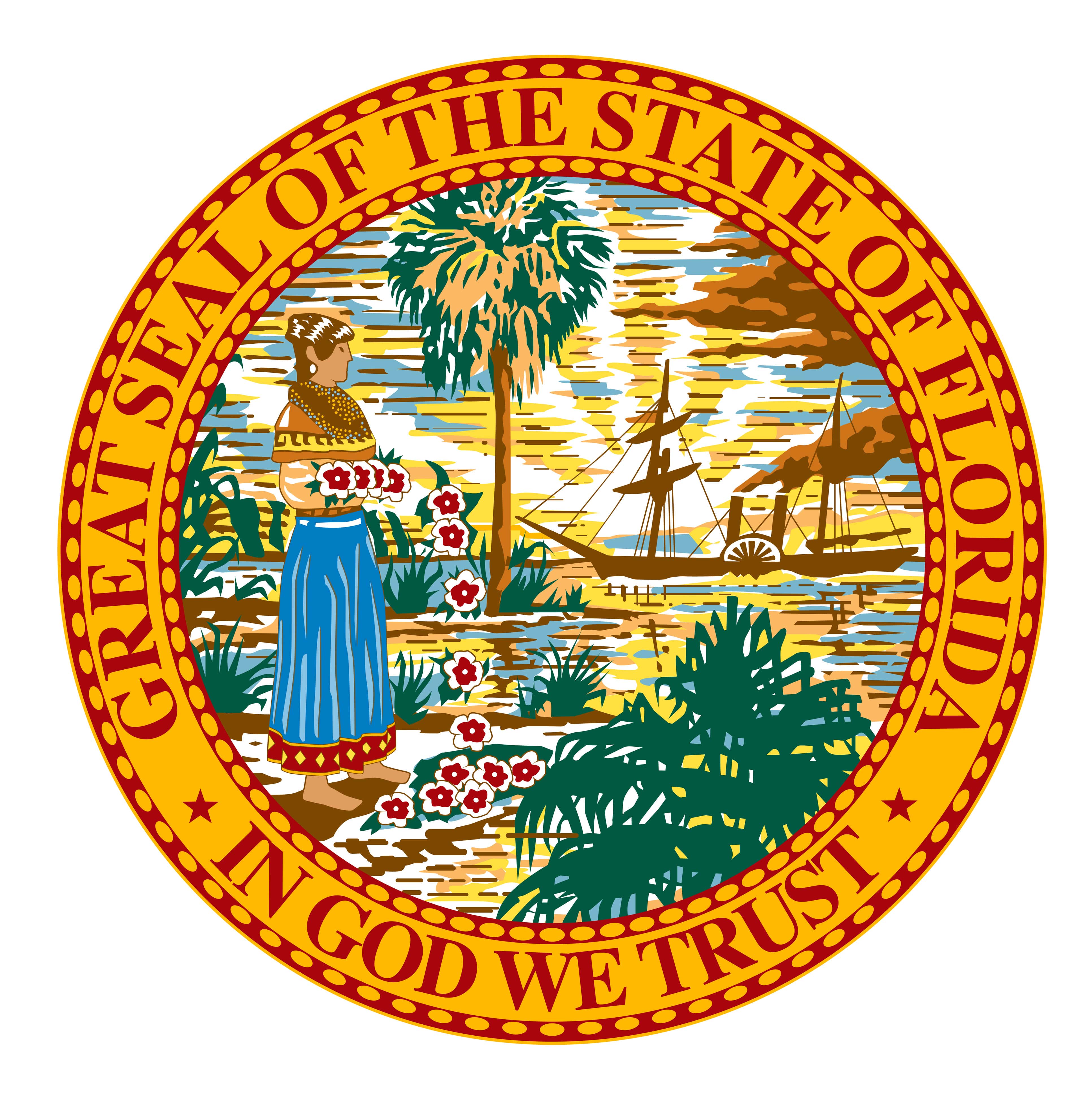 The Great Seal of the State of Florida, emphasizing state compliance with federal housing laws, including the CARES Act eviction requirements.