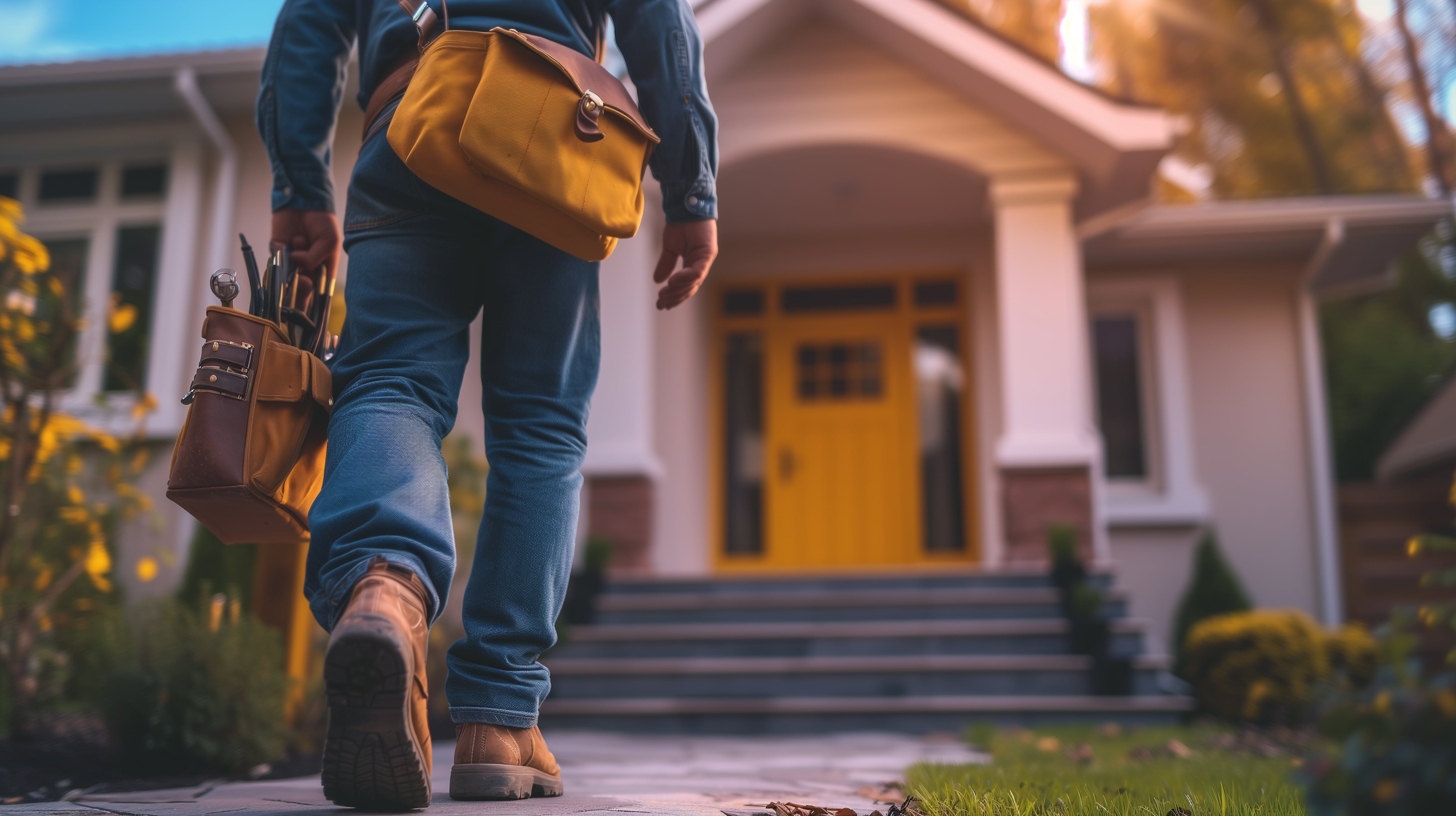 A maintenance worker with a tool bag walking toward a home, representing property upkeep responsibilities in a lease agreement.