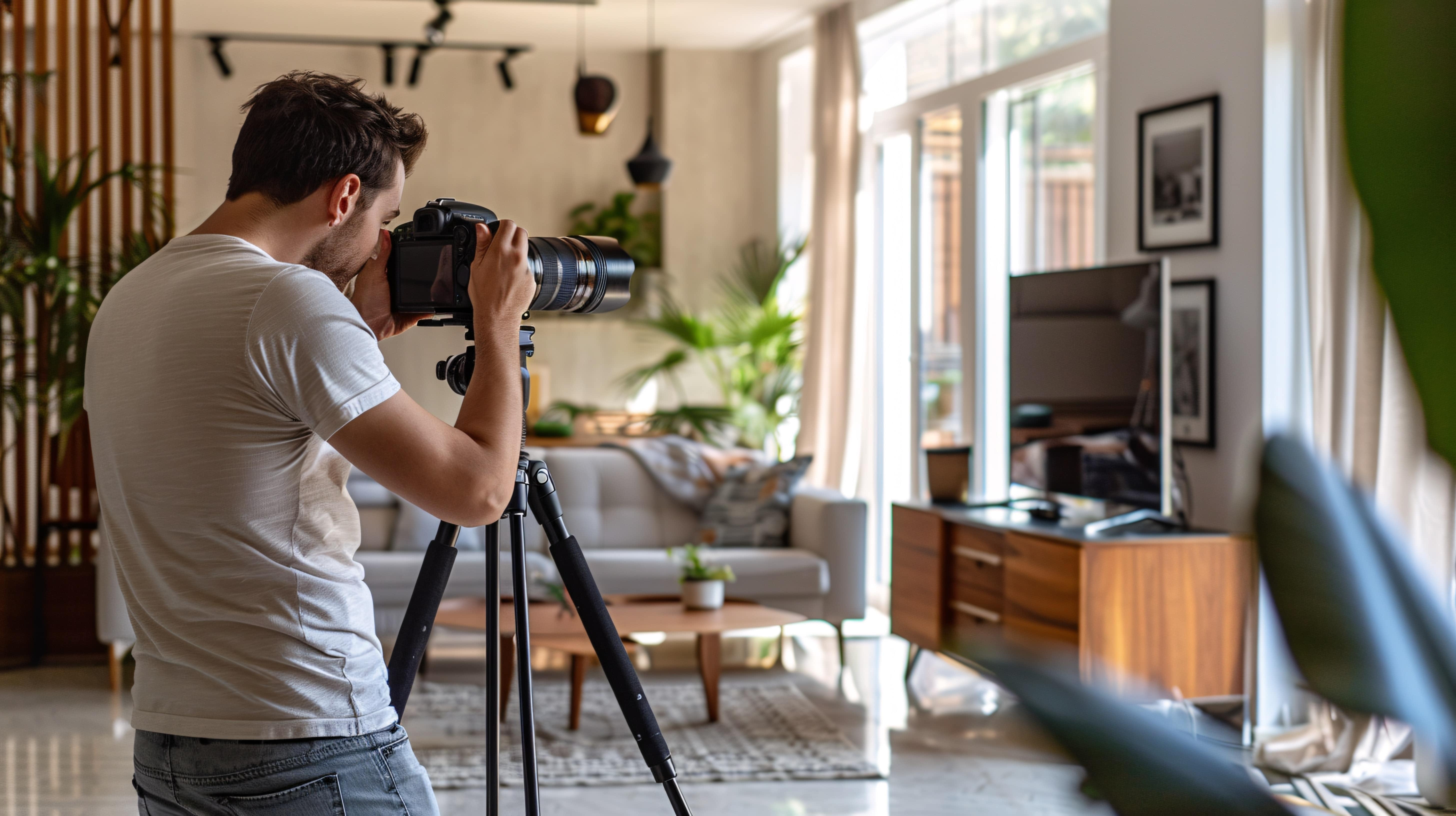 A photographer is focusing his camera on a tripod, capturing a well-lit living room. The room features modern decor, with natural light streaming in through large windows, plants, and minimalist furniture.