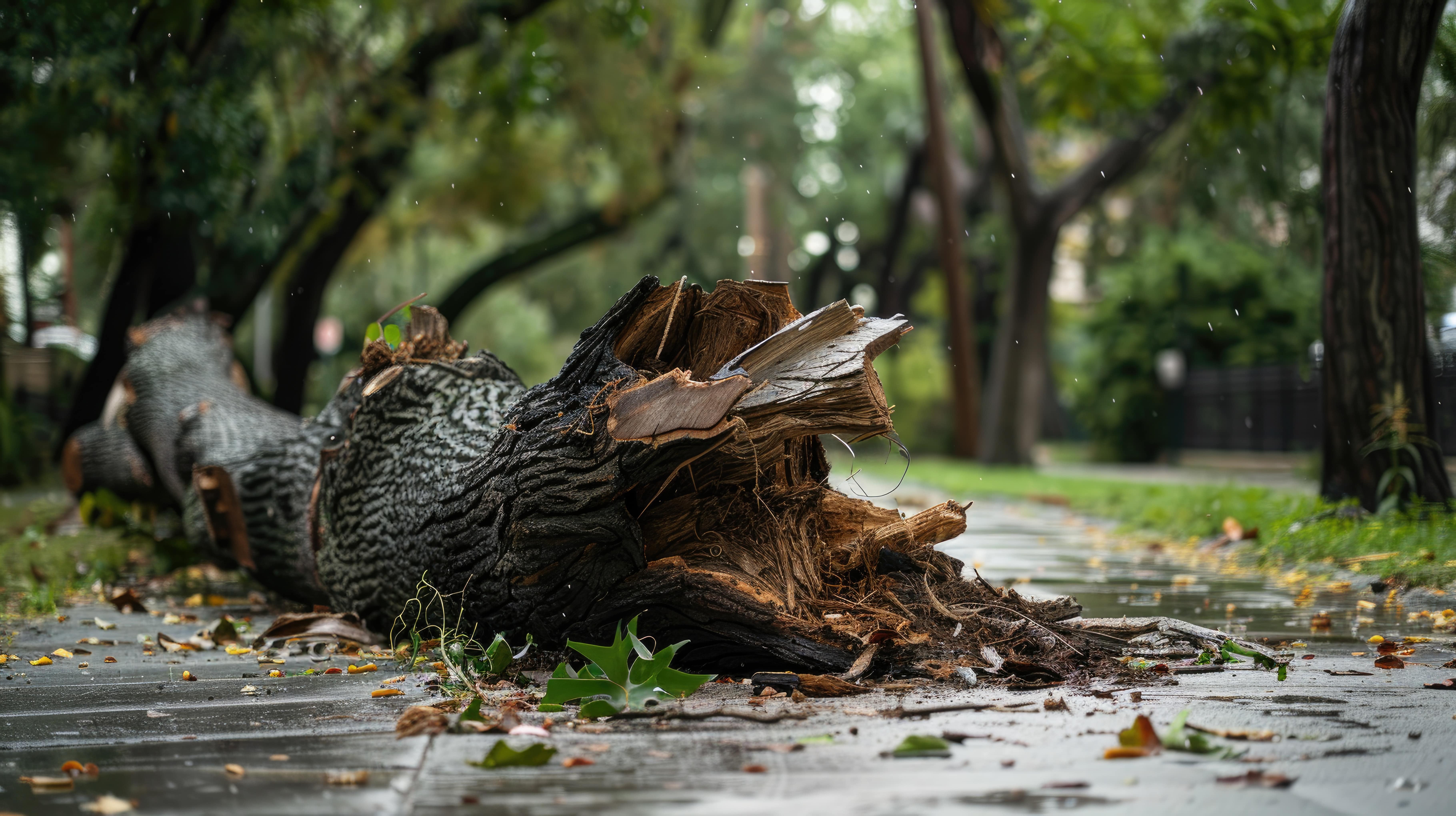 A large tree lies across a wet sidewalk, completely split near the trunk due to a storm. Leaves and small branches are scattered, showing the impact of strong winds.