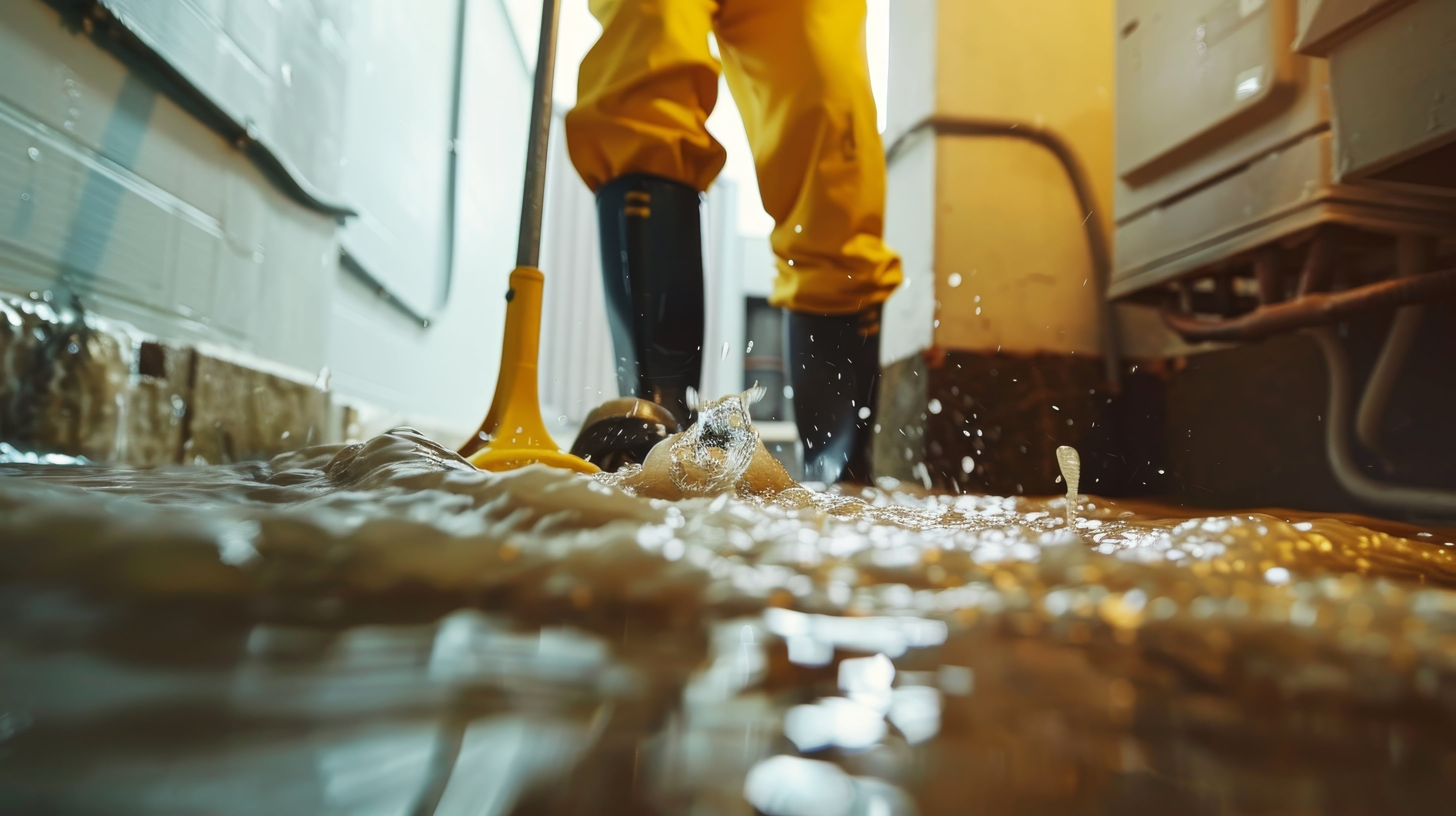 A close-up of a flooded basement with water splashing as a worker in yellow waterproof boots and pants attempts to manage the situation with a plunger, representing urgent property maintenance and plumbing emergencies.