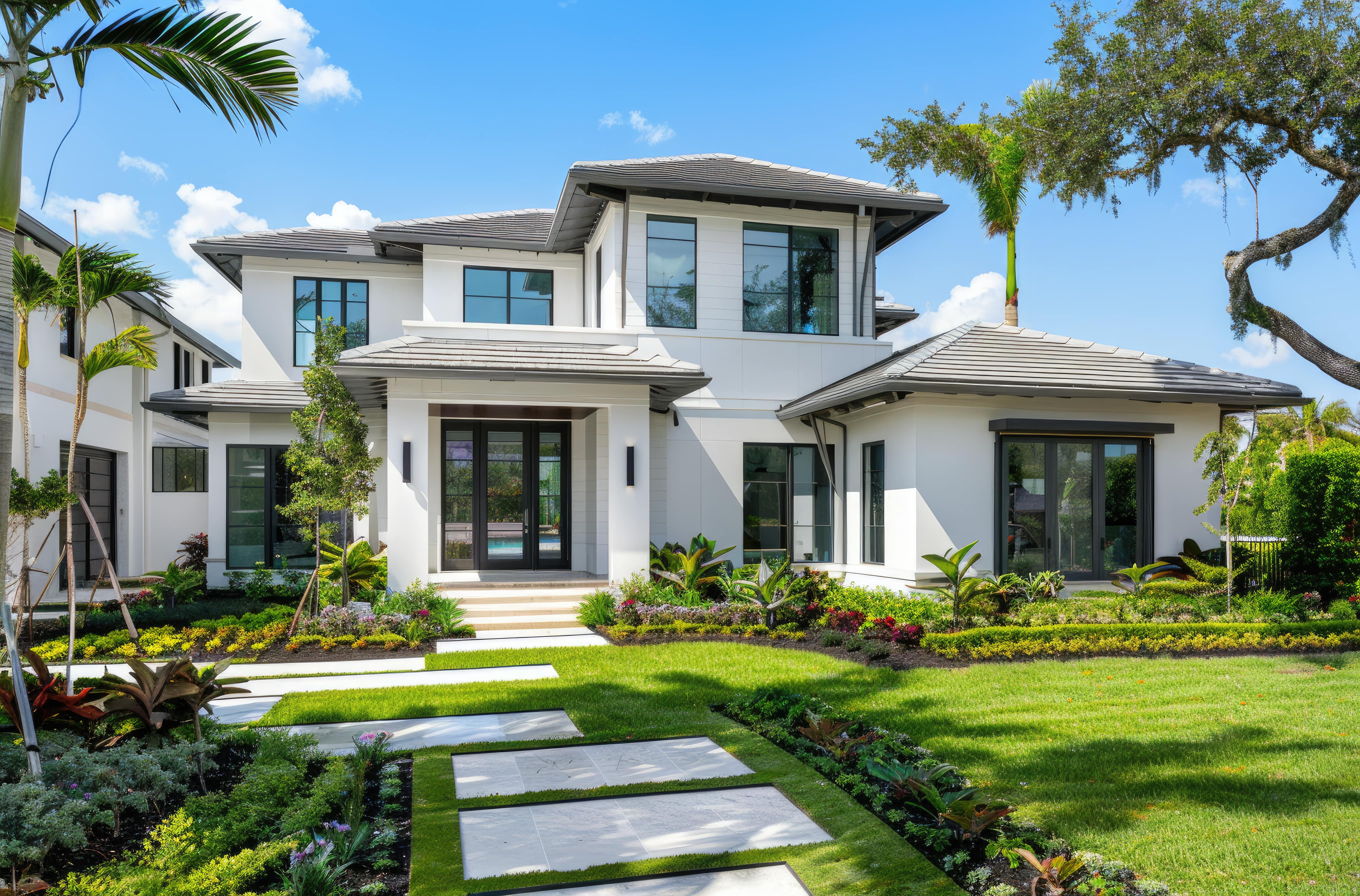 A stunning modern two-story home with large windows, a sleek white exterior, and a well-manicured front yard featuring tropical plants, palm trees, and a stone walkway leading to the entrance.