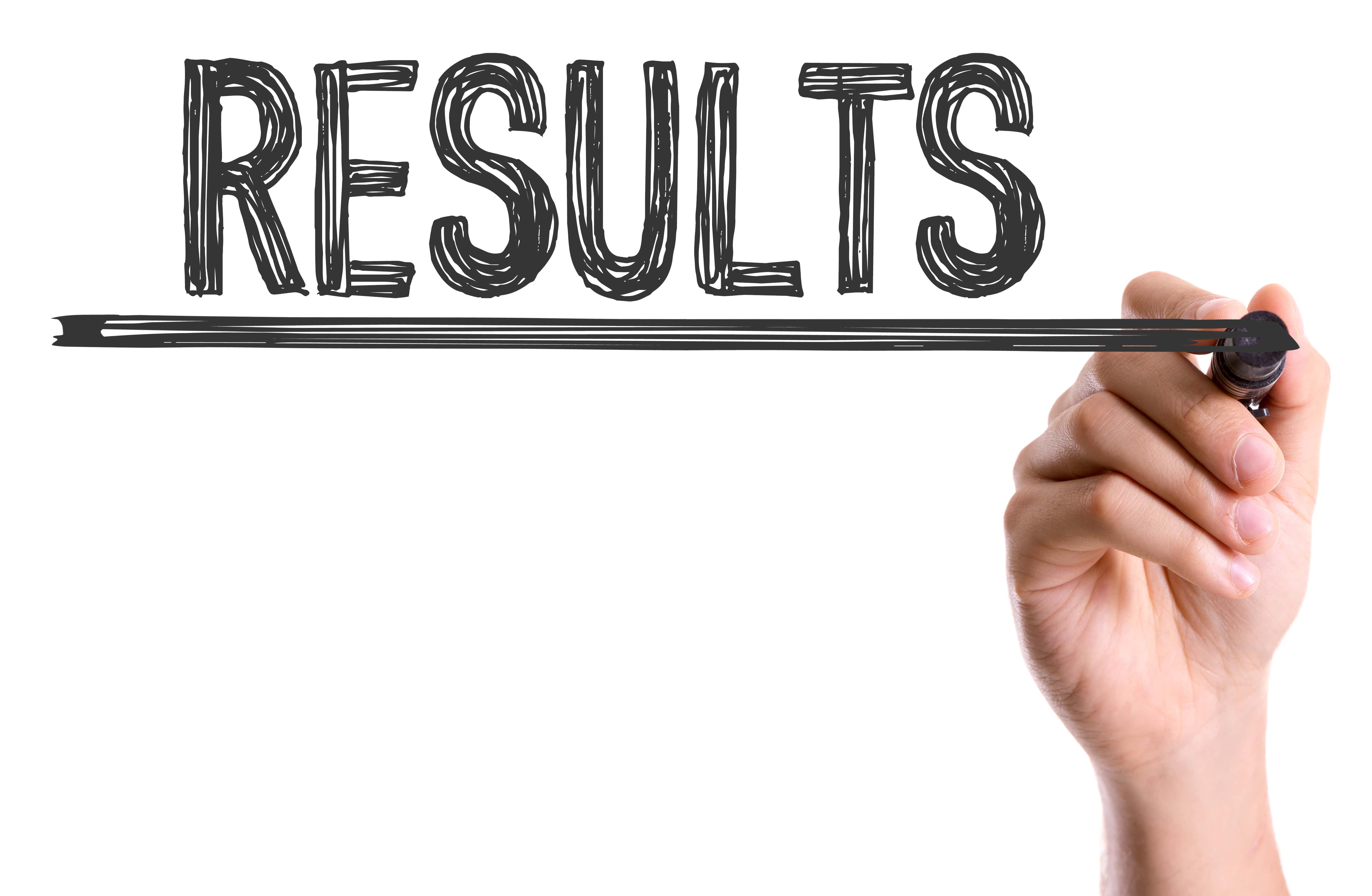 A hand holding a marker draws a line under the large word “RESULTS” written in a bold, sketch-like font. The background is plain white, emphasizing the focus on achieving results.