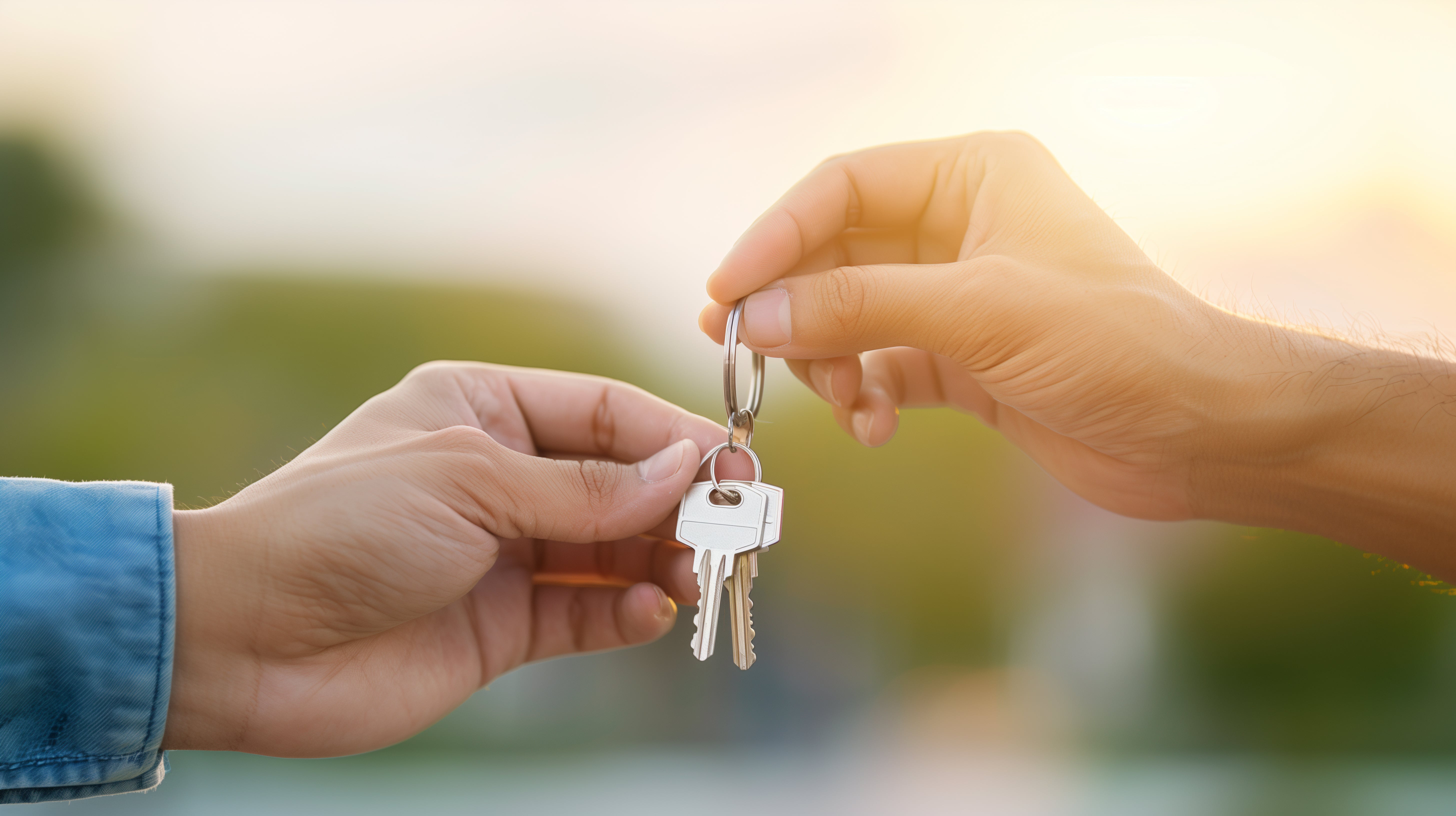 Two hands exchanging house keys, symbolizing a real estate transaction or rental handover, with a blurred outdoor background.