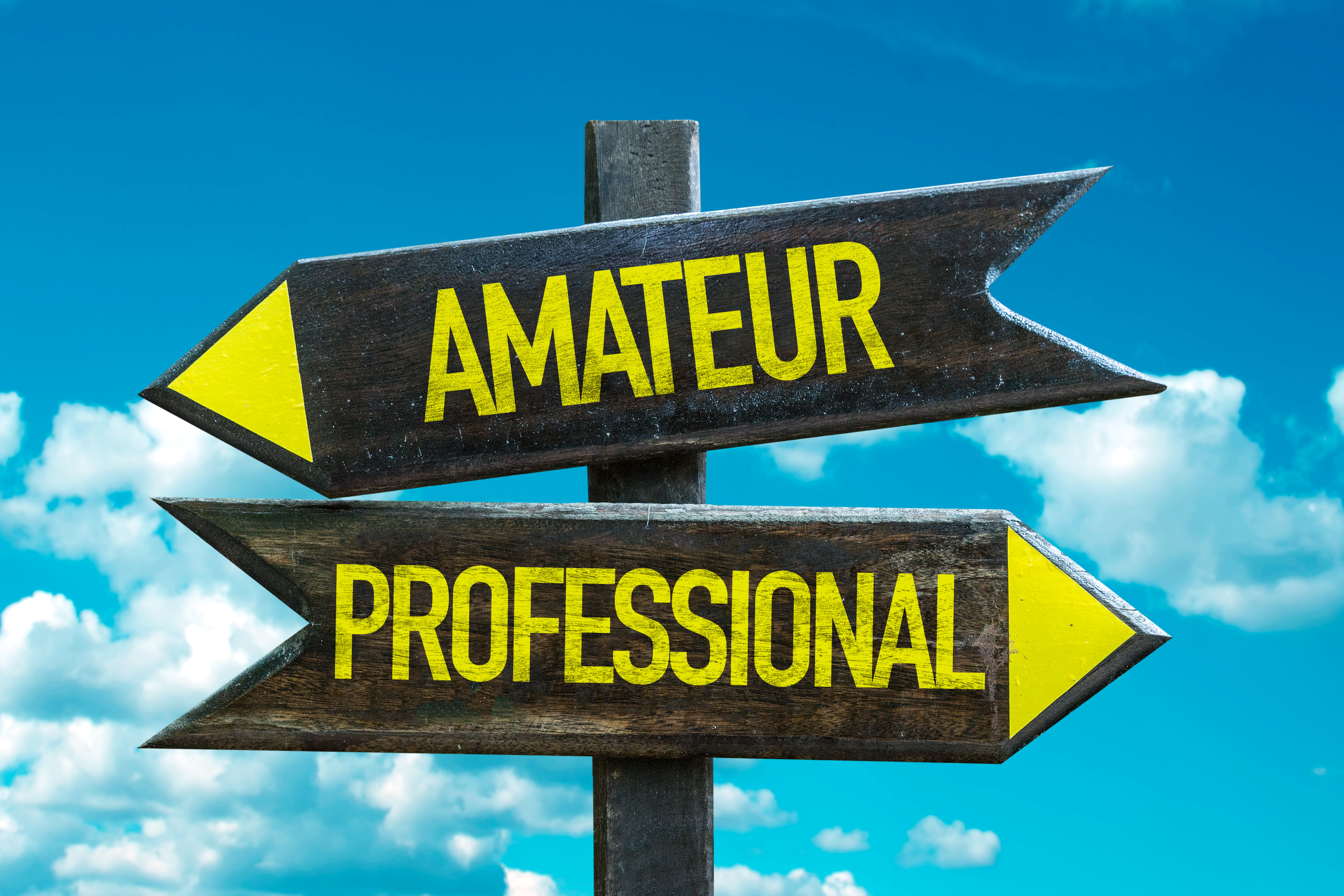 A wooden signpost with two arrows pointing in opposite directions. One arrow points left and reads “Amateur” in yellow, while the other points right and reads “Professional” in yellow. The background shows a bright blue sky with clouds, symbolizing a choice between skill levels.