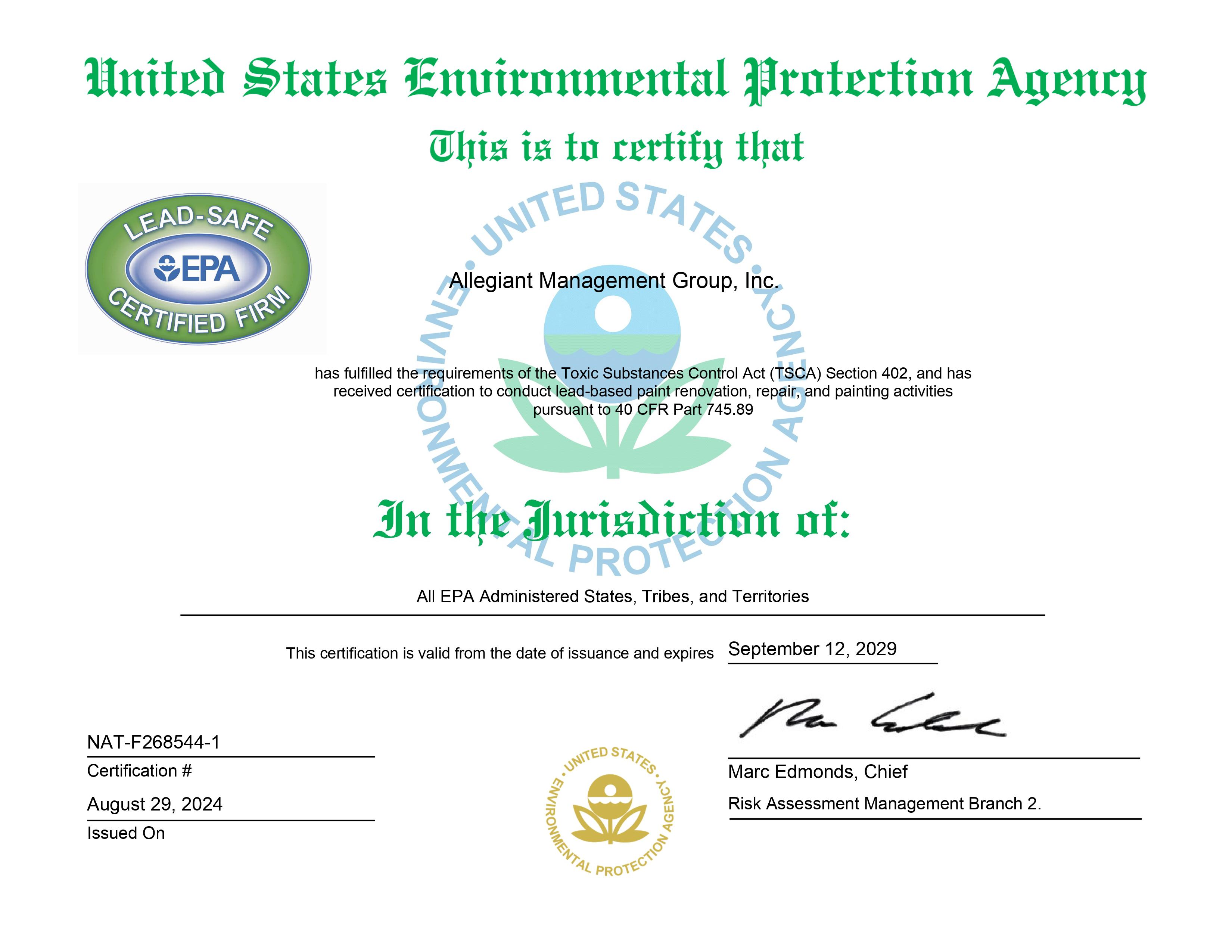 EPA Lead-Safe Certified Firm certificate.