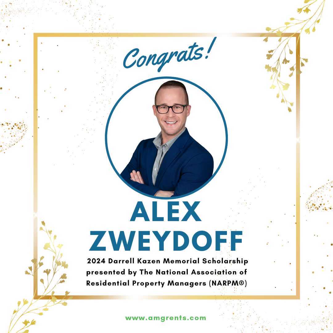 Digital congratulatory image for Alex Zweydoff, featuring a portrait of him and text highlighting his achievement of the 2024 Darrell Kazen Memorial Scholarship, presented by NARPM.