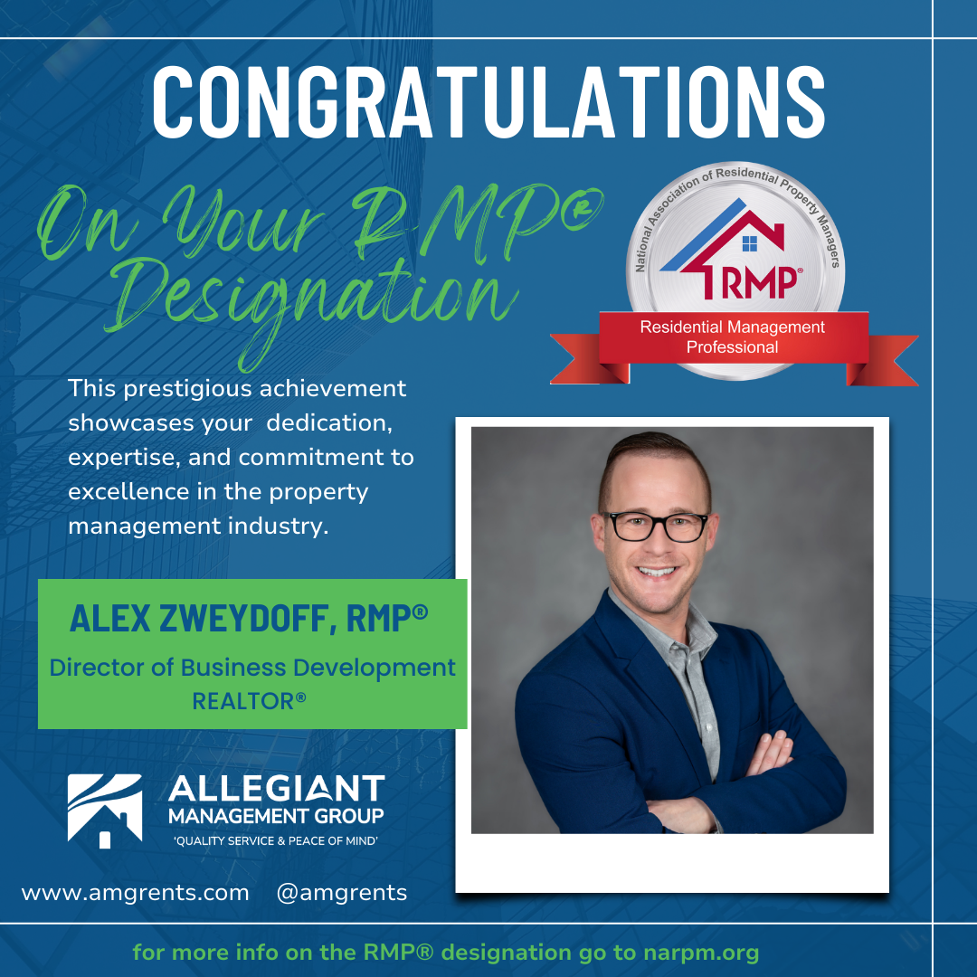 Congratulations graphic for Alex Zweydoff earning the RMP® designation, featuring his photo, the Allegiant Management Group logo, and the RMP® badge.