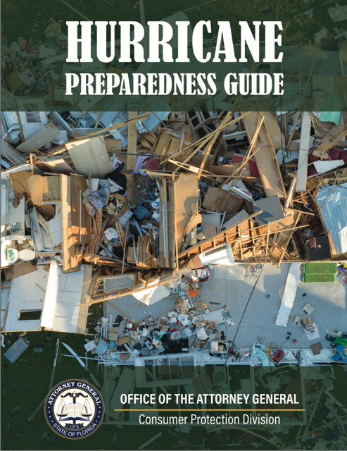 The cover of a “Hurricane Preparedness Guide” provided by the Office of the Attorney General, Consumer Protection Division. It features an aerial view of hurricane-damaged structures with debris scattered around, emphasizing the importance of preparedness.