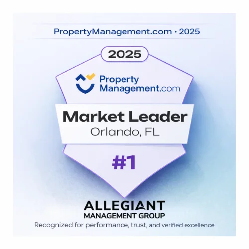 PropertyManagement.com 2025 Market Leader Orlando badge recognizing Allegiant Management Group as the #1 property management company in Orlando, Florida.