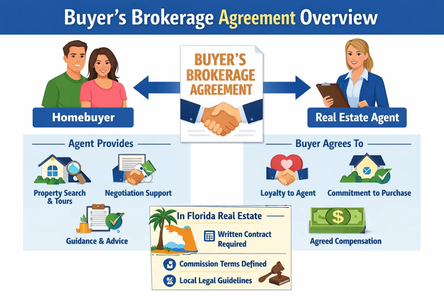 Visual overview of a buyer’s brokerage agreement showing the relationship between a homebuyer and real estate agent, including representation, services, and compensation in Florida real estate transactions.