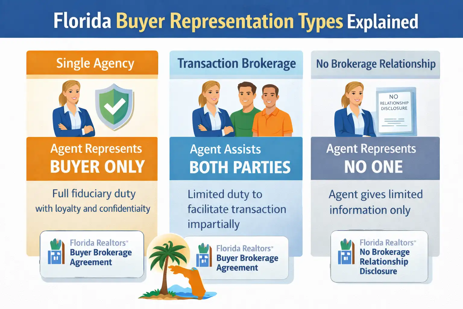 Infographic explaining Florida buyer representation types in real estate, including single agency, transaction brokerage, and no brokerage relationship, and how each applies to buyer brokerage agreements