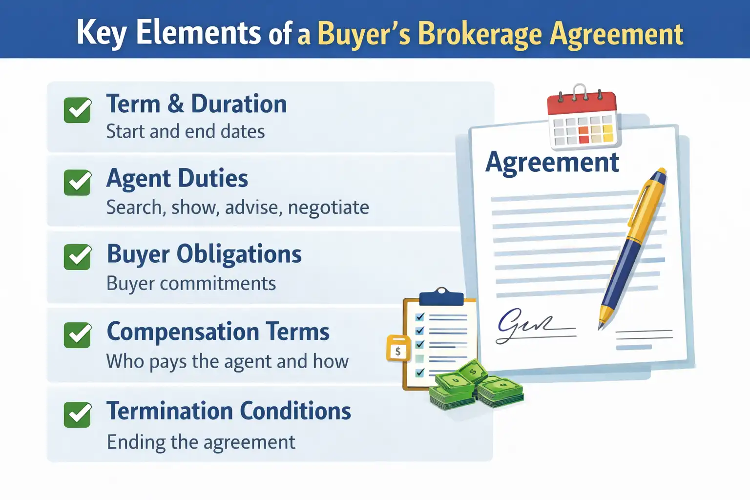 Checklist infographic outlining key elements of a buyer’s brokerage agreement, including term and duration, agent duties, buyer obligations, compensation terms, and termination conditions.