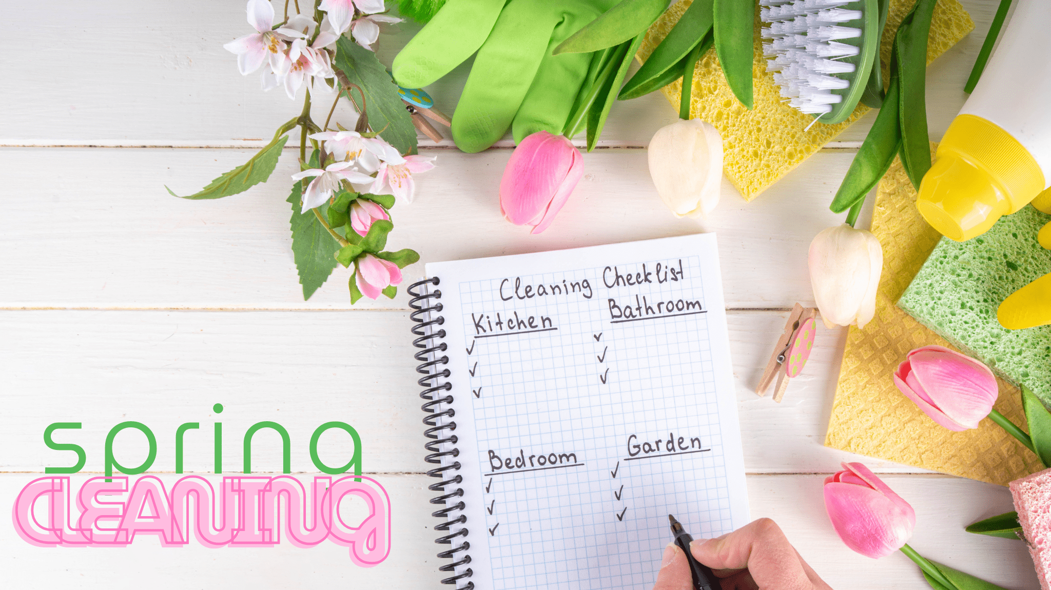 Spring cleaning checklist with categories for kitchen, bathroom, bedroom, and garden, surrounded by flowers and cleaning supplies.