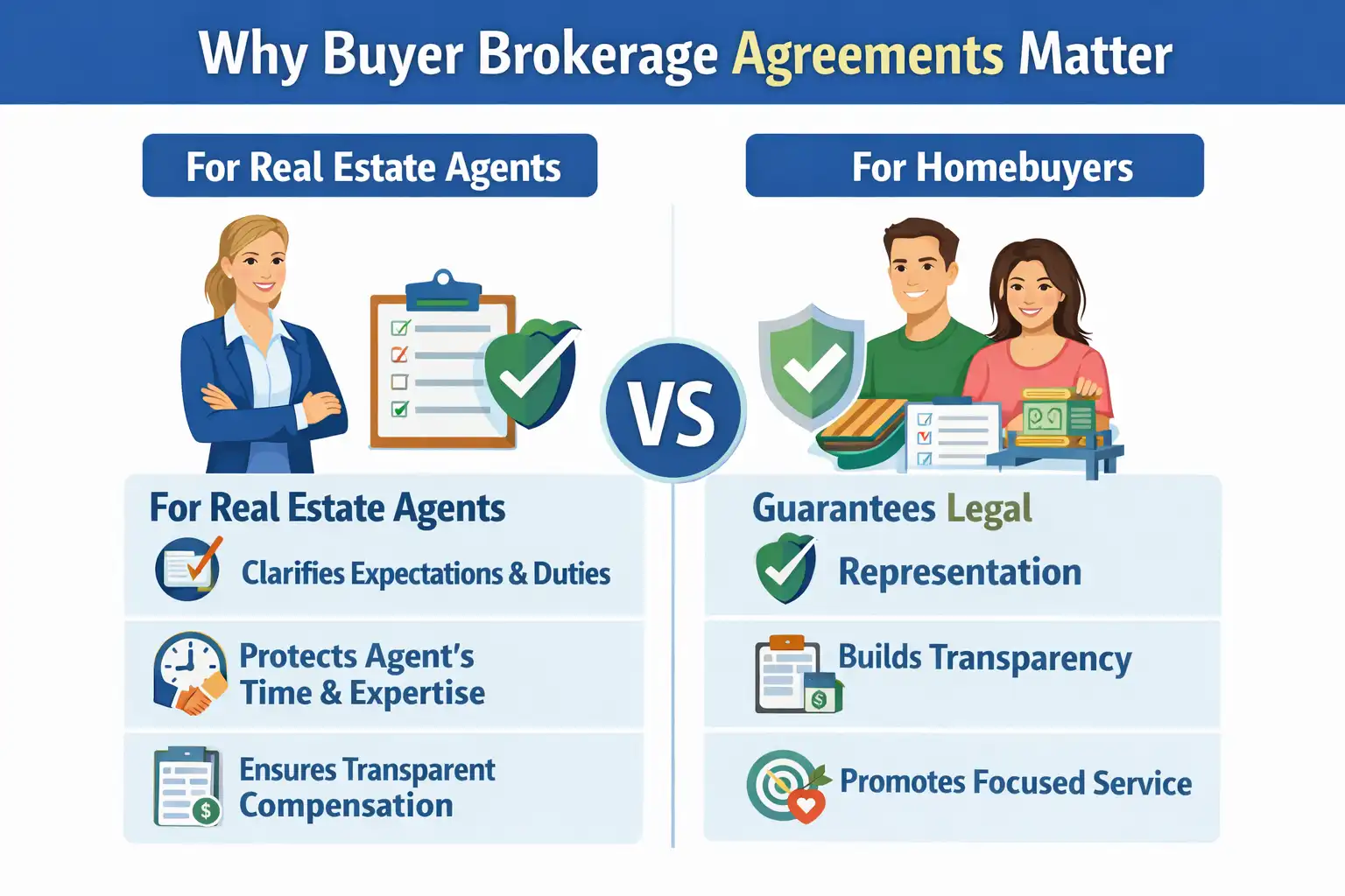Comparison infographic showing why buyer brokerage agreements matter for real estate agents and homebuyers, highlighting protection, transparency, and professional representation.